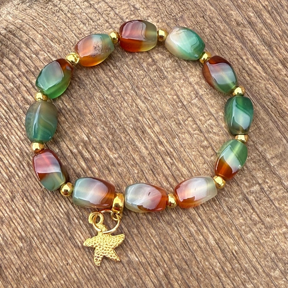 Multicolour dragon vein Beaded Bracelet with gold accents  & starfish Charm